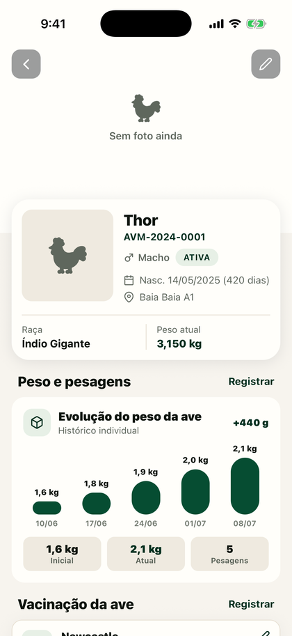 Tela de detalhe da ave no The Avium